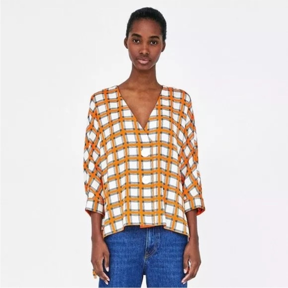 Zara Women Orange & White Checkered Dolman Sleeve High Low V Neck Blouse Tunic - Picture 2 of 5